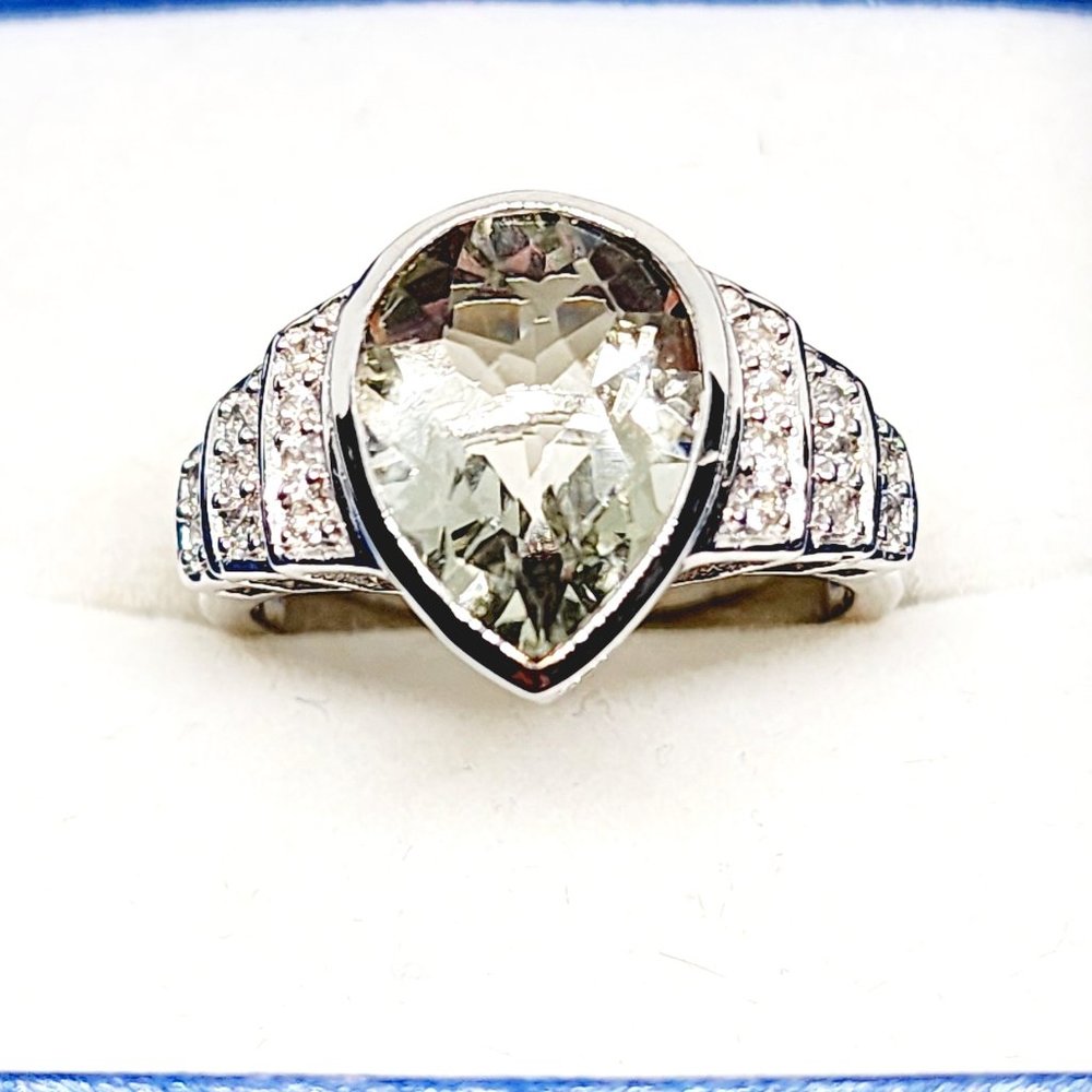 Montezuma Prasiolite (Green Amethyst) & Zircon ring in Plat/925SS sz 9 5.25cts